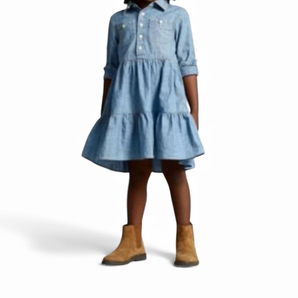 knee length dresses for ladies Pacific Blue Chambray Woven Collared Long Sleeve Shirt Dress